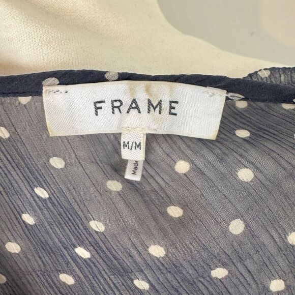 🖤🔥 FRAME Sheer Navy Polka Dot Ruched Puff Sleeve Top Medium - Picture 7 of 9